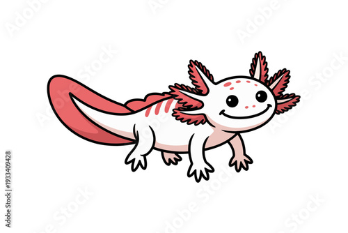 A cute cartoon axolotl with a happy face and pink gills and tail, smiling and looking friendly