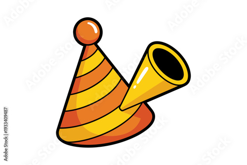 A colorful illustration of a party hat and horn on a white background