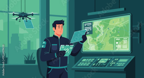 Man in Tactical Gear with Drone and Computer.