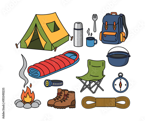 Camping equipment collection for outdoor adventures, wilderness exploration, recreation, hiking, and travel
