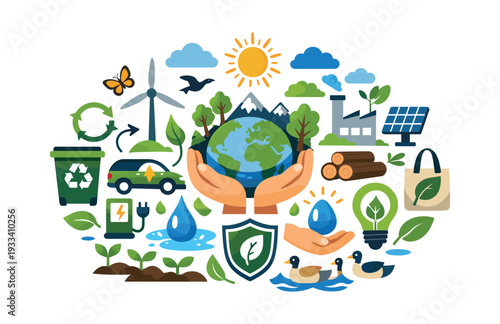 Hands holding planet Earth surrounded by climate change, recycling, renewable energy, and nature conservation icons