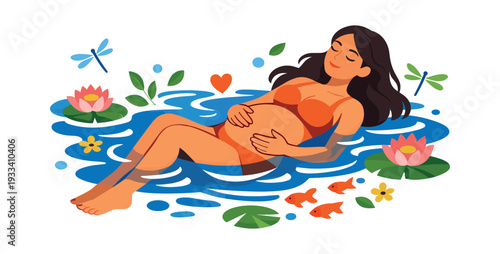 Pregnant woman floating serenely in a pond, touching her belly, surrounded by lotus flowers, fish, and dragonflies, illustrating motherhood and tranquility