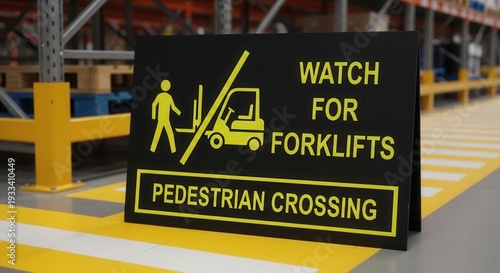 Warning Sign Indicating Pedestrian Crossing, Alerting for Forklift Traffic in Warehouse