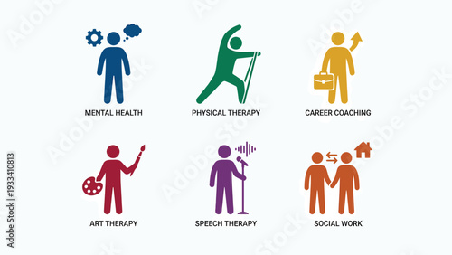 Diverse Human Services Icons Mental Health Physical Therapy Career Coaching Art Speech Social Work Concepts