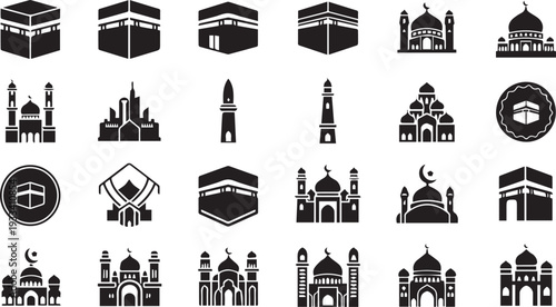 islamic mosque kaaba landmark icon set vector illustration
