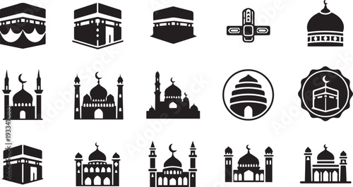 islamic mosque kaaba icon set vector illustration