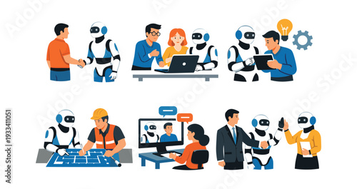 Humans and robots collaborating in various professional scenarios including teamwork, engineering, business meetings, and digital interaction