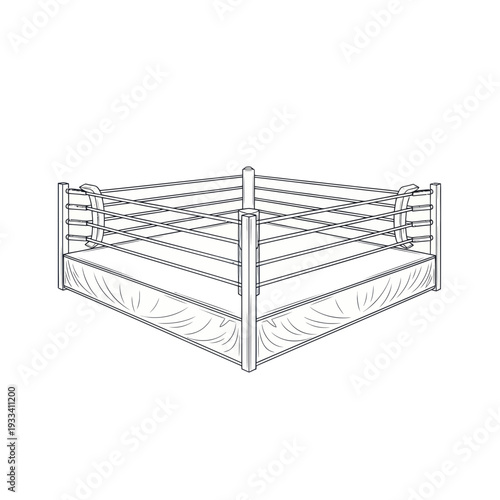 Empty Boxing Ring with Ropes and Corner Posts - Line Art Illustration