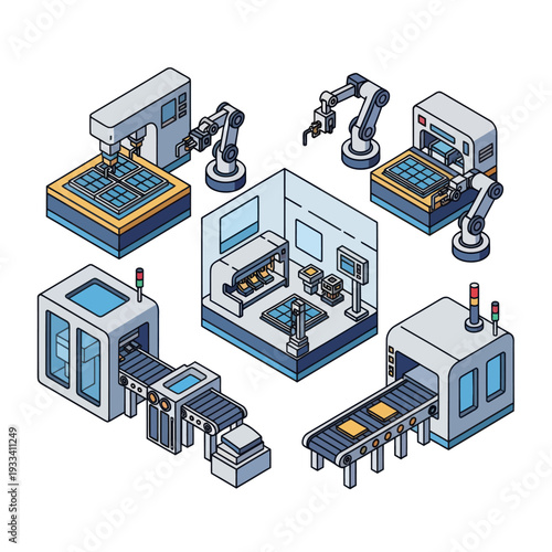 Industrial Robots in Manufacturing Facility Setting.