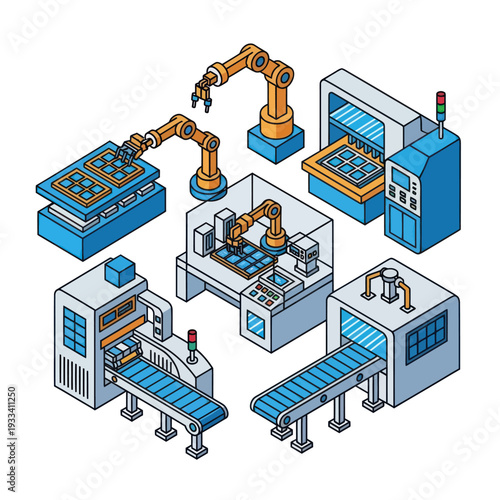 Industrial Robots and Machinery in Factory Setting.