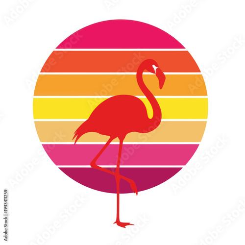 Vibrant Retro Flamingo Silhouette Against Sunset Circle Graphic