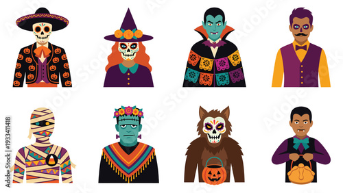 Diverse Halloween & Day of the Dead Characters: Monsters, Skeletons, & Costumes in Flat Vector Style