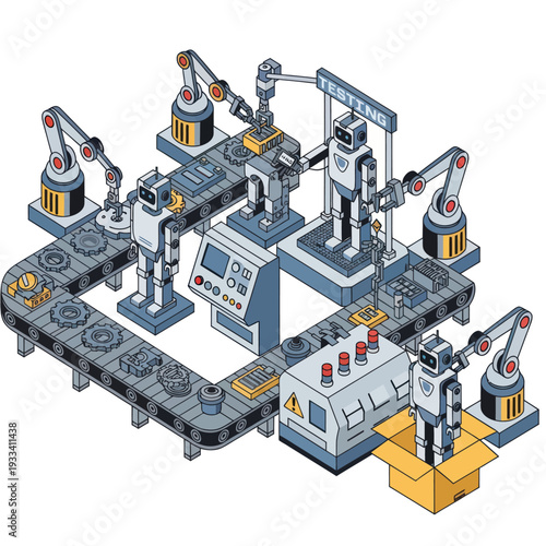 Industrial Factory Assembly Line with Robots.