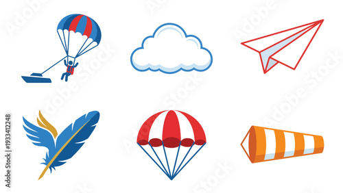 Collection of Aviation and Flight Icons Parachute Cloud Paper Airplane Feather Windsock