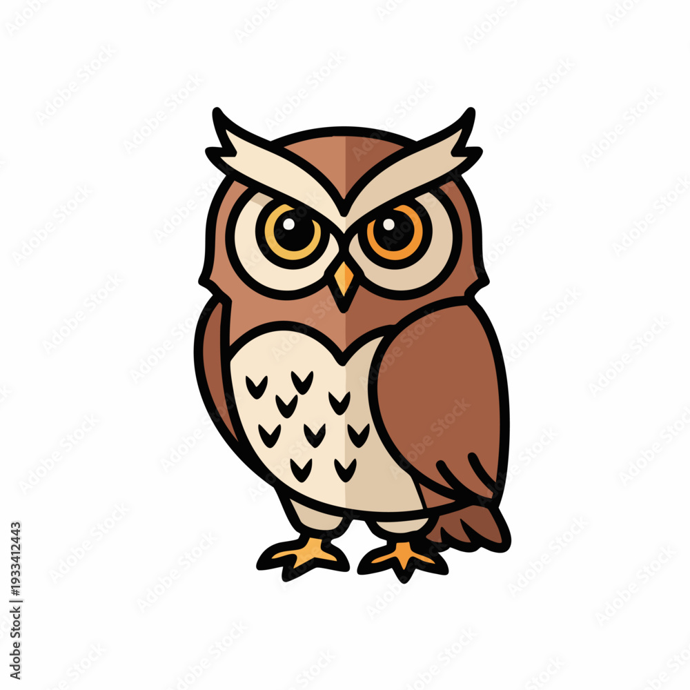 Fototapeta premium Cartoon owl illustration with brown feathers and big eyes looking forward.