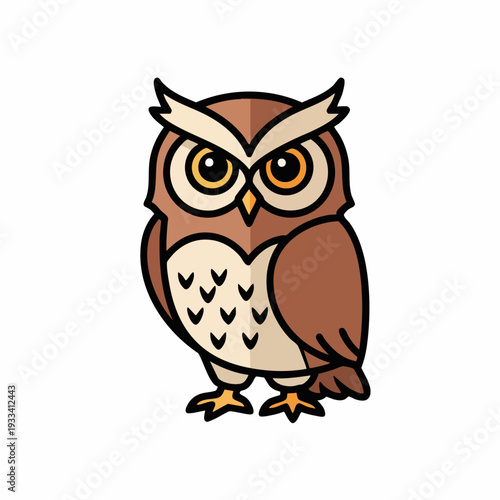 Cartoon owl illustration with brown feathers and big eyes looking forward.