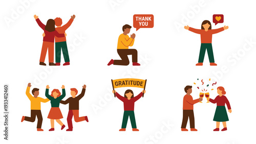 Vector set of people expressing gratitude, thankfulness, joy, and celebration. Diverse characters showing appreciation and happiness.