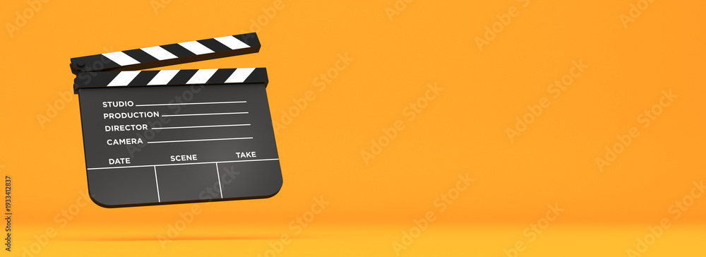 Naklejka premium Realistic 3D rendering of a classic black movie clapperboard isolated on a vibrant orange background. Concept of film production, cinema, and media industry with copy space.