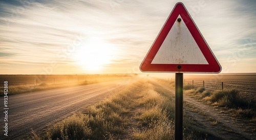 Warning Sign On Dusty Road Reveals Scenic Vista At Sunrise Offering Calm Clarity