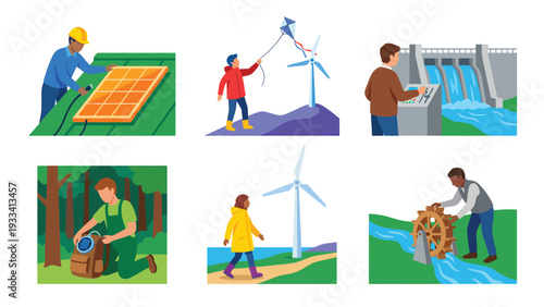 Renewable Energy & Sustainability Concepts: Solar, Wind, Hydro Power, Environmental Protection Illustrations