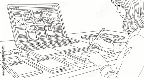 Female UX/UI designer meticulously crafting responsive website and mobile application wireframes on a laptop and pen tablet, illustrating the digital design and development process.