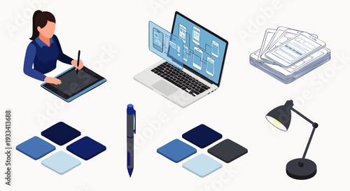 Isometric collection of design and creative workspace elements: graphic designer, laptop with UI, color palettes, and office tools for digital art and professional work.
