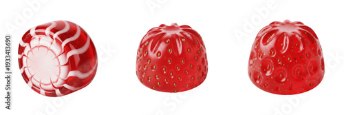 Fotografija Set of Red Sugar-Coated Fruit Gummy Drops in Dome and Fluted Shapes Isolated on