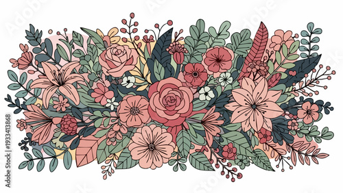 Floral Arrangement with Roses, Lilies, and Foliage in a Decorative Design.