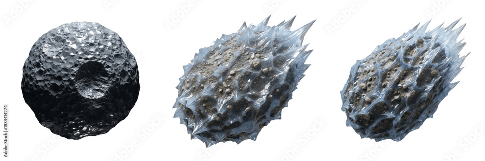 Obraz premium Set and collection realistic space asteroids and rocky meteorites with craters and ice texture isolated on white transparent png background