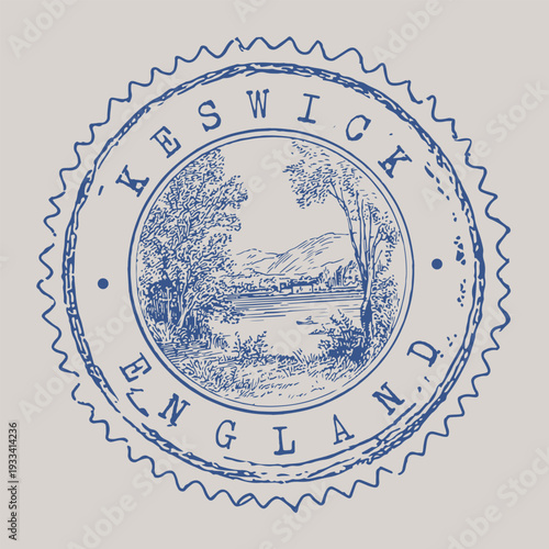 Vintage Keswick Lake District badge featuring the historic market square and majestic Skiddaw fells
