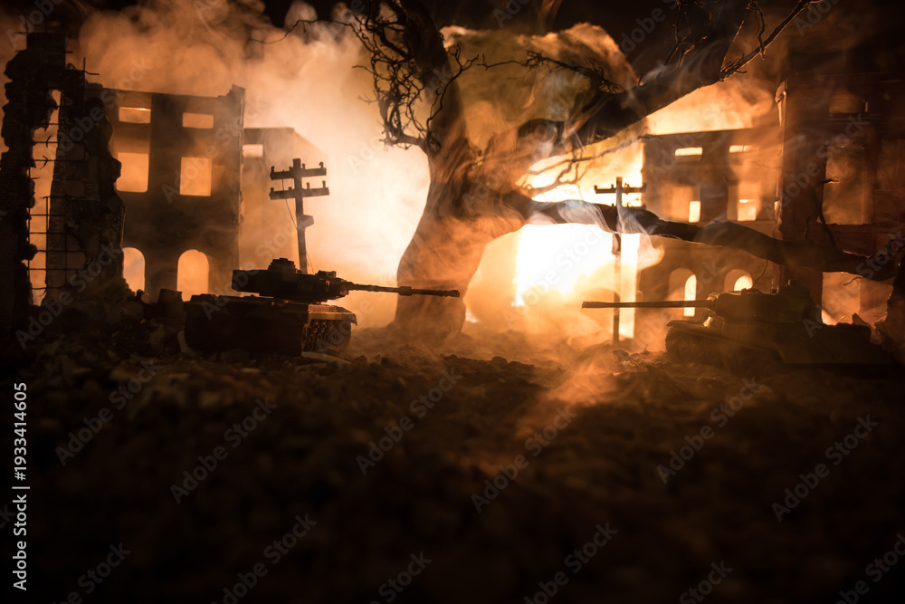 Fototapeta premium War Concept. Military silhouettes fighting scene on war fog sky background, World War Soldiers Silhouette Below Cloudy Skyline At night. Battle in ruined city.