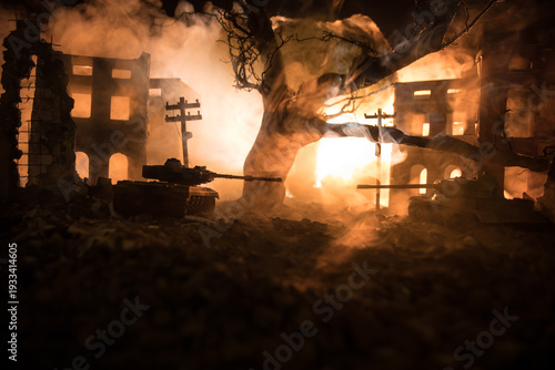 War Concept. Military silhouettes fighting scene on war fog sky background, World War Soldiers Silhouette Below Cloudy Skyline At night. Battle in ruined city.