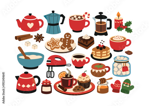 Cozy winter holiday drinks and desserts laid out, including gingerbread, hot chocolate, coffee, tea, pastries, and baking tools