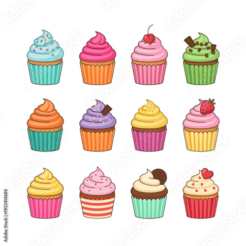 Twelve sweet cupcakes featuring different colors, flavors, and decorative toppings in a charming flat cartoon style