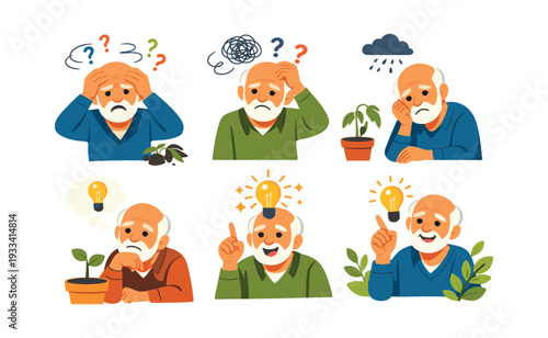 Elderly man depicting stages of cognitive decline, struggling with memory loss and confusion, then finding clarity and a new idea
