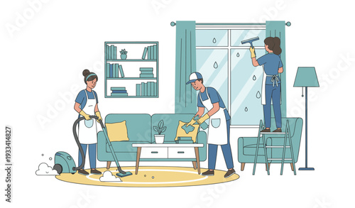 Cleaning service team members working together in a living room, vacuuming, dusting, and wiping windows for hygiene