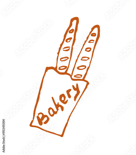 Vector hand drawn baguette in a rustic craft bag. Detailed liner sketch perfect for food blog illustrations. Minimalistic outline for bakery design isolated on transparent  background.