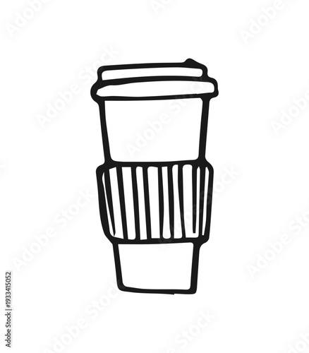 Takeaway paper cup for coffee or tea, hand drawn, black vector illustration isolated on transparent background. Outline sketch style with grunge vintage texture. To go beverage, cafe concept