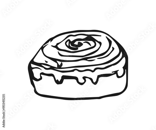 Sketch cinnamon roll with sugar glaze. Traditional dessert in Scandinavia and North America. Hand drawn black isolated vector illustration on transparent background. Swirl kanelbulle bun. 