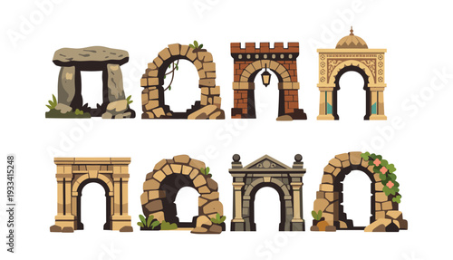 Collection of historic arch designs with stone and brick textures, depicting various architectural styles and ruins