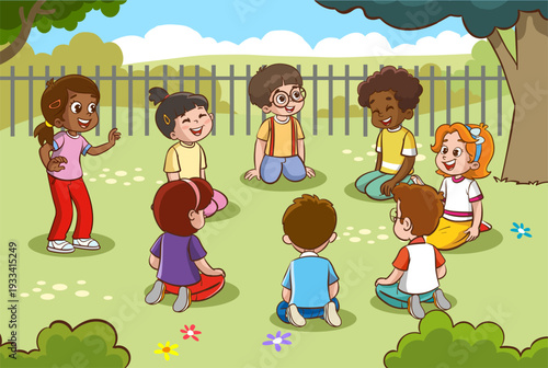Vector illustration of children sitting and playing in a circle in a park.