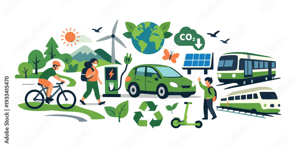 Fototapeta premium People using electric car charging, cycling, walking to work, alongside public transport, wind turbines, and solar panels