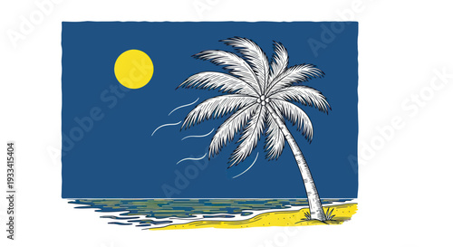 Palm tree on a beach under a yellow moon and dark blue sky with wind