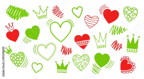 Hand-drawn hearts and crowns, simple doodle elements in red and green