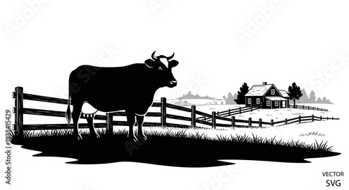 Silhouette of a cow in a farm field with a house in the background