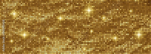 Golden disco ball pattern with mirror mosaic tiles creating a seamless glittering texture perfect for party vector backgrounds and nightclub designs with shimmering disco vibes