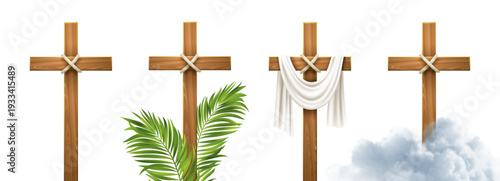Easter Sunday religious banner showing risen Christ cross with palm branches. Christian holiday vector design for holy resurrection celebration greeting template
