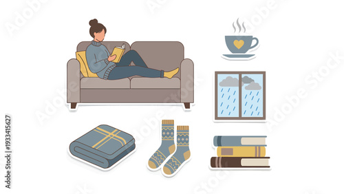 Cozy Home Relaxation Kit: Woman reading on sofa, warm drink, books, blanket, socks, rainy window. Hygge comfort flat illustration.