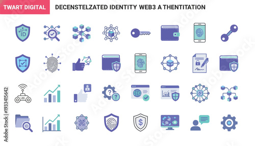 Decentralized identity web3 authentication icon set featuring blockchain technology digital wallet security shields biometric fingerprint scanners smart contracts internet privacy cryptographic keys