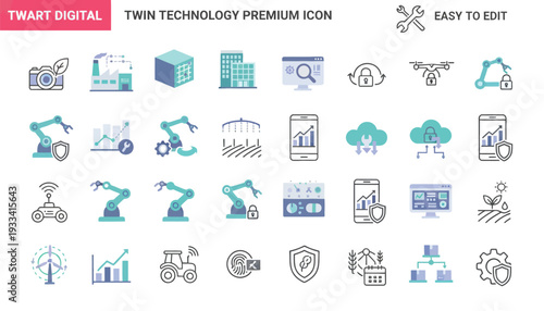 Digital twin technology premium icon collection with industrial automation robotic arms manufacturing plant management data analysis artificial intelligence and smart agriculture monitoring symbols